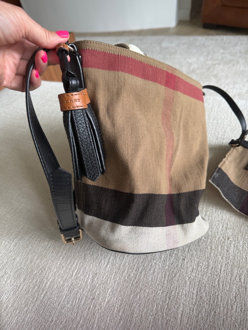 Burberry Beige Tan Check Canvas Crossbody Bag with Black Leather Strap
